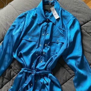 Vibrant teal hue satiny shirt dress